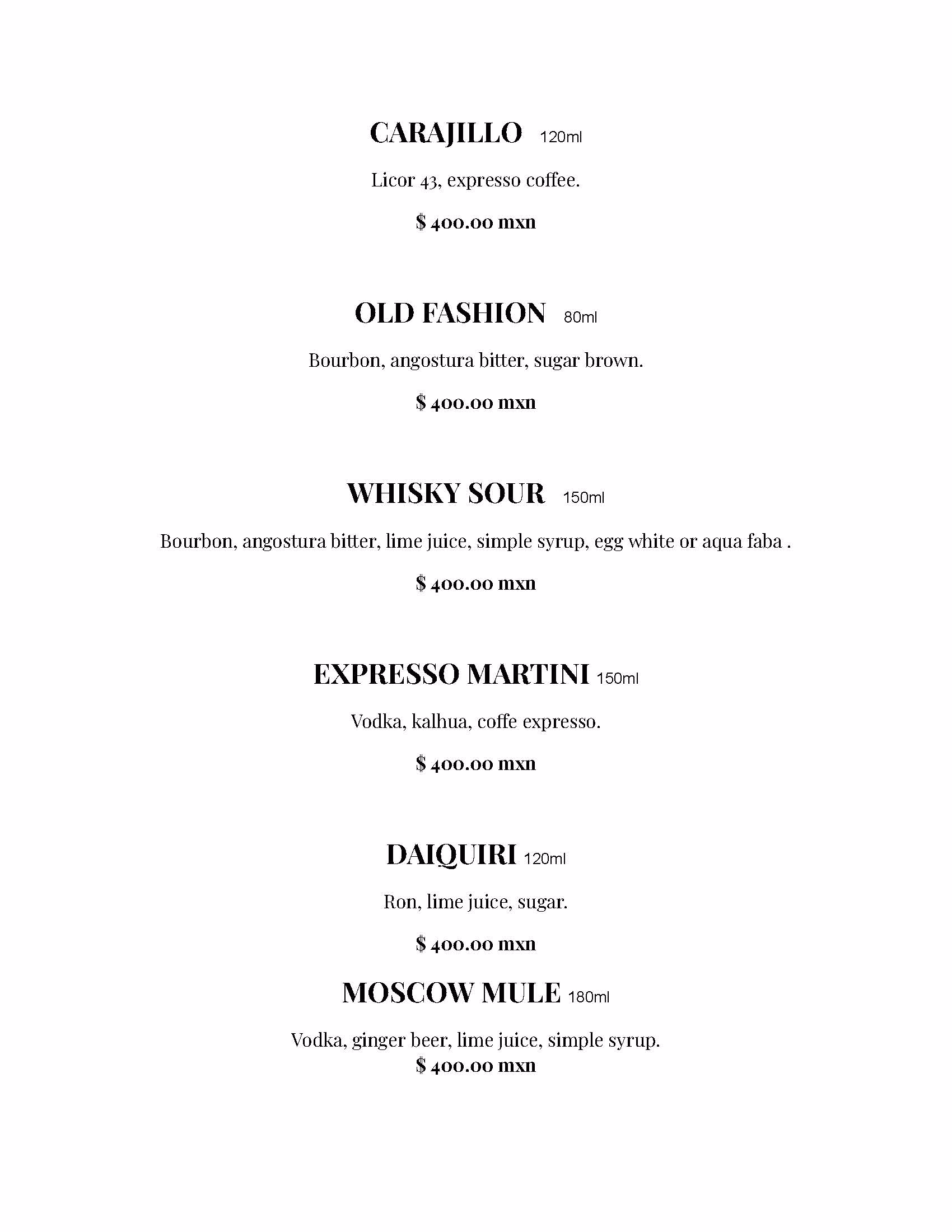 Menu listing cocktails at tseen-ja rooftop: Carajillo, Old Fashion, Whisky Sour, Expresso Martini, Daiquiri, and Moscow Mule—each 400.00 MXN, with ingredients and portions detailed under each name.