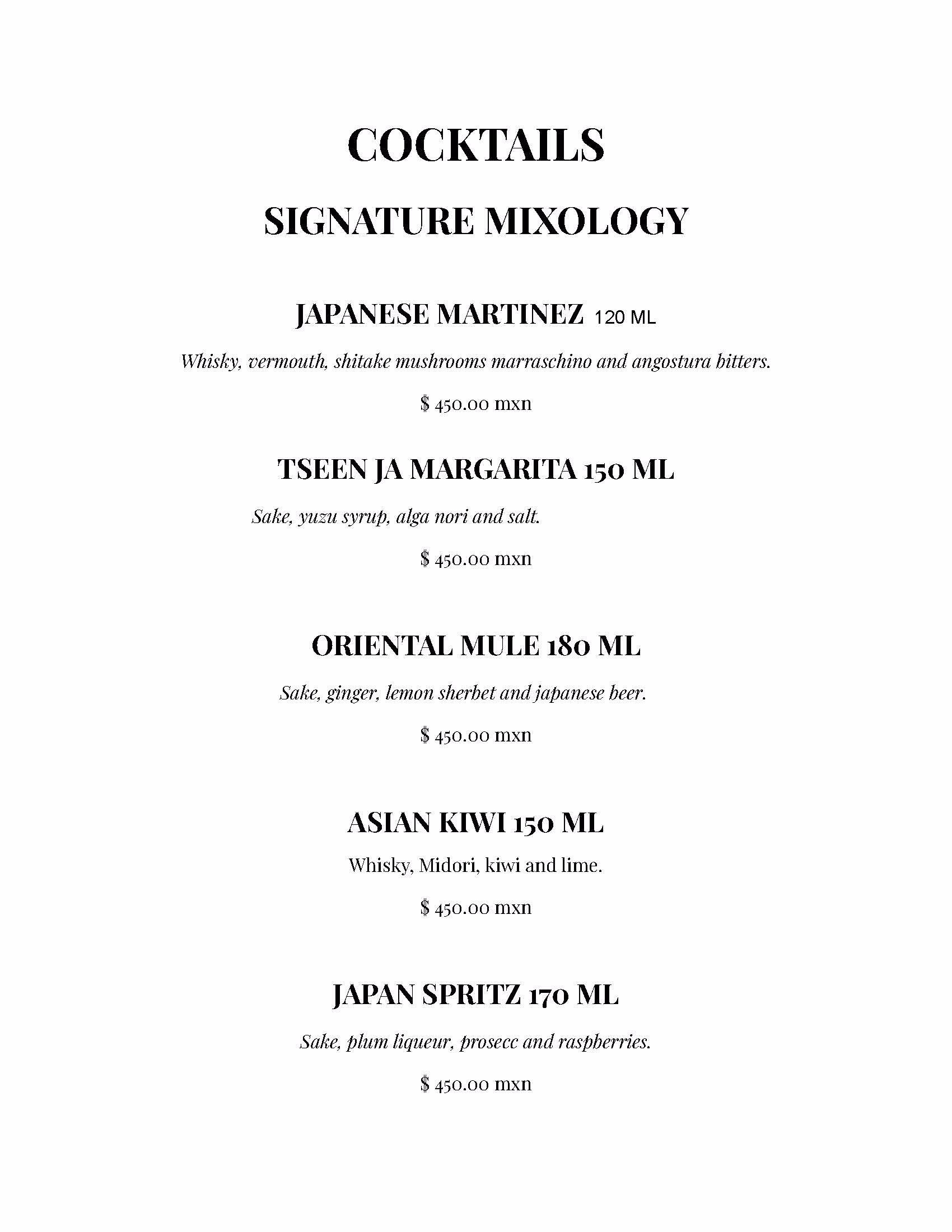 A cocktail menu titled Signature Mixology at Tseen-Ja Rooftop features five drinks: Japanese Martinez, Tseen Ja Margarita, Oriental Mule, Asian Kiwi, and Japan Spritz—each with ingredients and priced at 450.00 MXN.