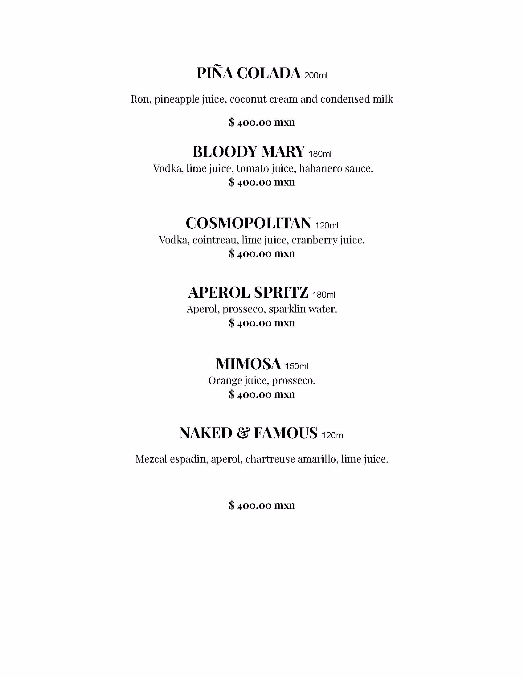 A cocktail menu for tseen-ja rooftop featuring Piña Colada, Bloody Mary, Cosmopolitan, Aperol Spritz, Mimosa, and Naked Famous. Ingredients, volumes, and a price of 400.00 MXN are listed. Text is centered on a white background.