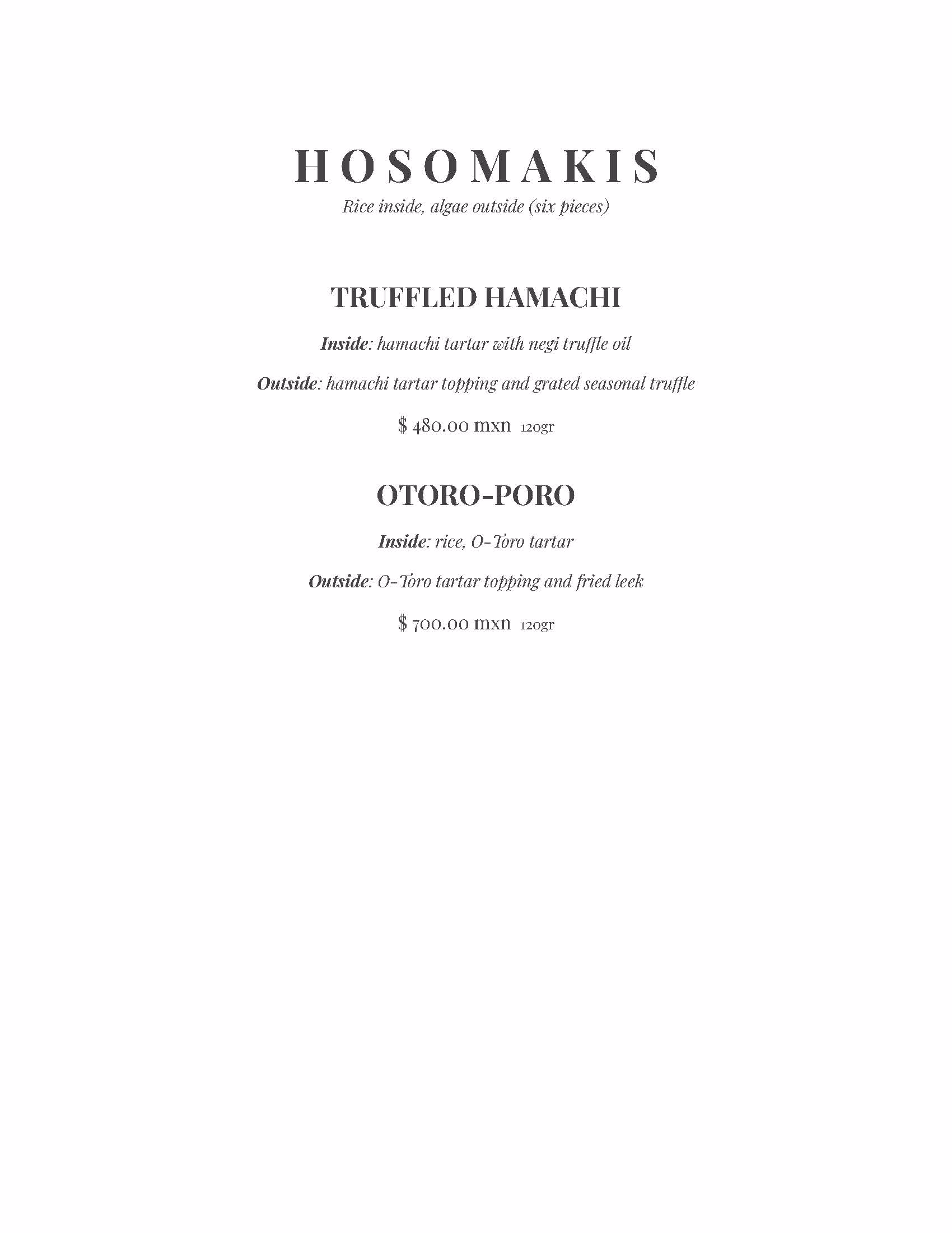 A minimalist sushi menu at Tseen-Ja Rooftop titled HOSOMAKIS lists two options: Truffled Hamachi and Otoro-Poro, each described with ingredients and prices in MXN, detailing both inside and outside components.