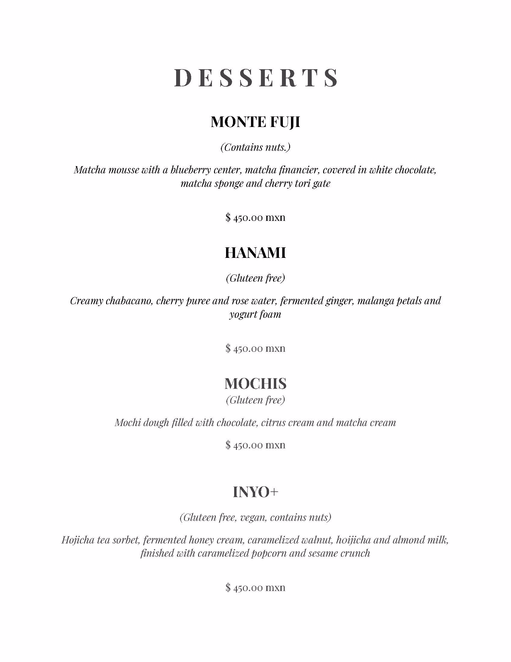 A dessert menu titled Desserts at tseen-ja rooftop lists four items: Monte Fuji, Hanami, Mochis, and Inyo+, each with descriptions, dietary notes like gluten free, vegan, and a price of 450.00 MXN. The design is minimal and elegant.