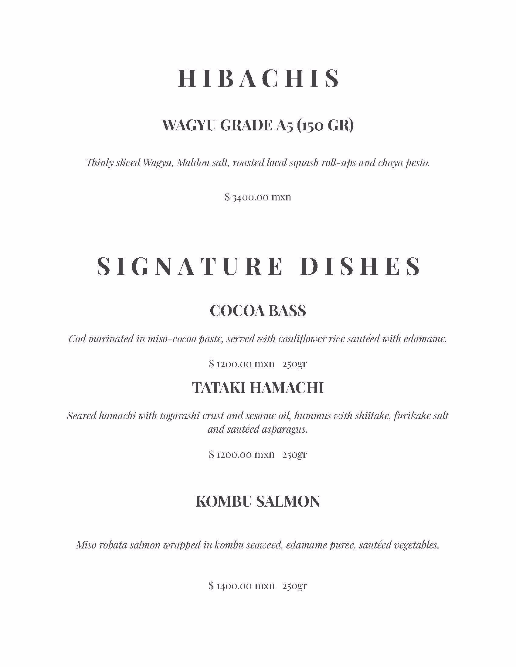 A tseen-ja rooftop restaurant menu with sections for Hibachis and Signature Dishes. Featured items include Wagyu Grade A5, Cocoa Bass, Tataki Hamachi, and Kombu Salmon, each with ingredients and prices for 120g and 250g portions.