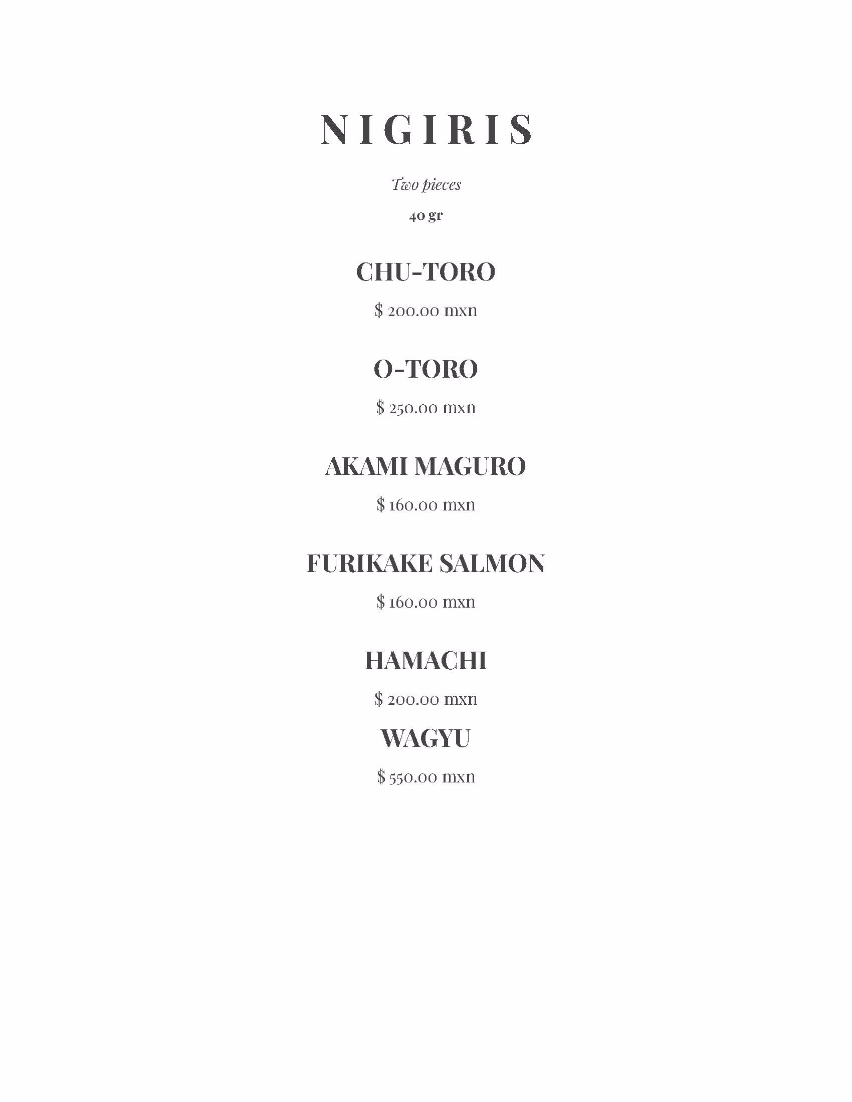 A minimalist sushi menu at tseen-ja rooftop titled Nigiris lists six options with prices: Chu-Toro, O-Toro, Akami Maguro, Furikake Salmon, Hamachi, and Wagyu, ranging from 160 to 550 MXN for two pieces.