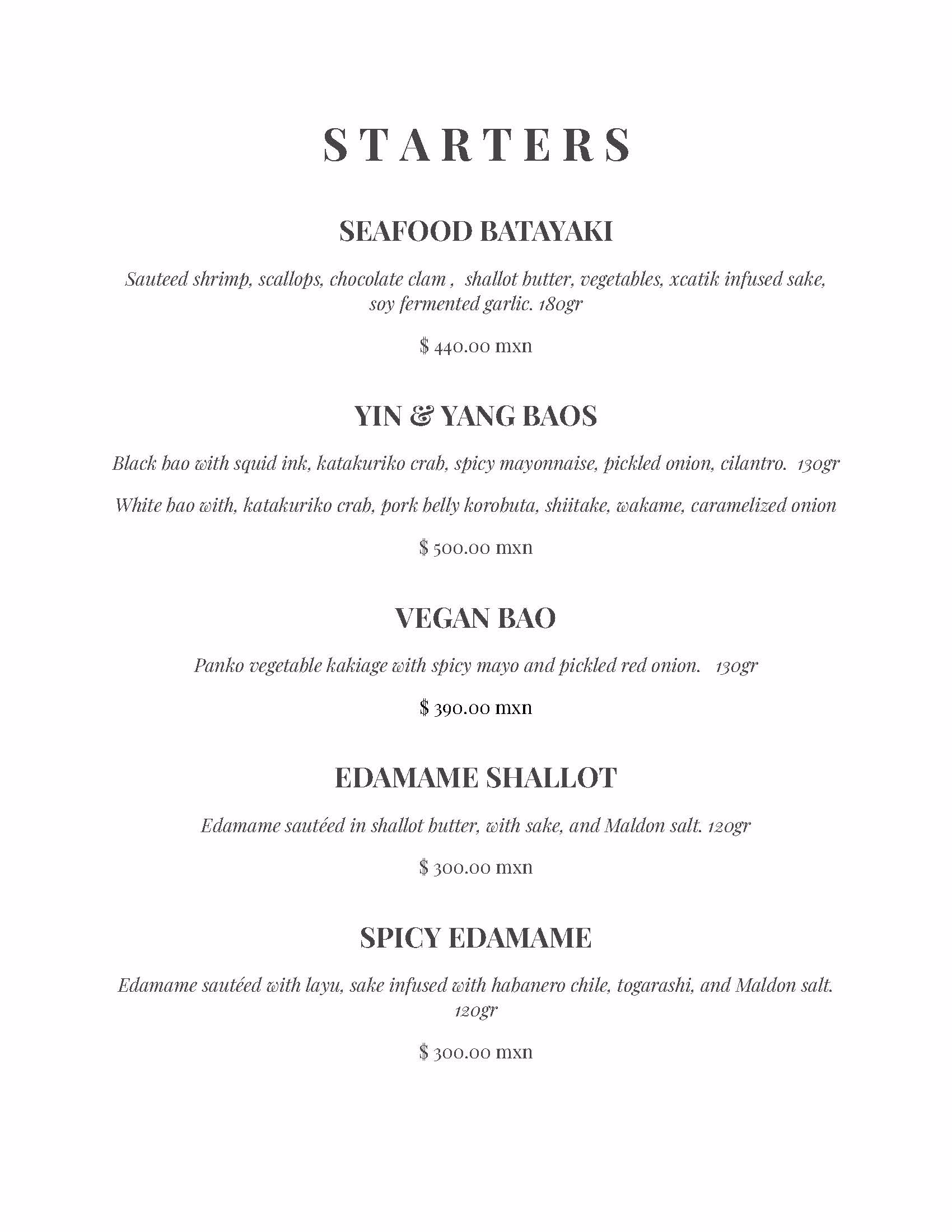 A restaurant menu titled Starters at tseen-ja rooftop displays five dishes: Seafood Batayaki, Yin Yang Baos, Vegan Bao, Edamame Shallot, and Spicy Edamame, each with ingredients, weight in grams, and prices in MXN.