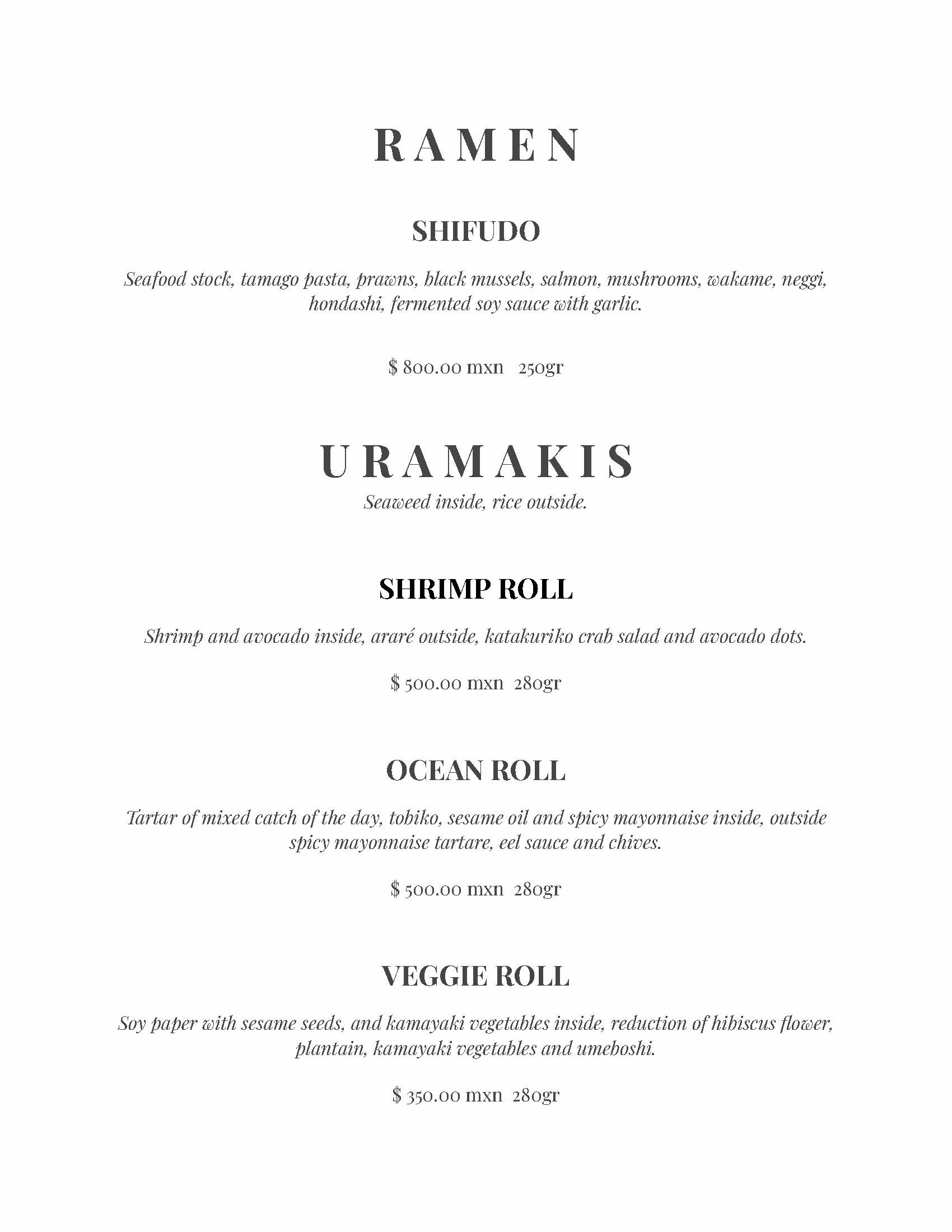 A tseen-ja rooftop restaurant menu displaying ramen and uramakis dishes, including Shifudo ramen, Shrimp Roll, Ocean Roll, and Veggie Roll, with descriptions, prices, and portion sizes listed below each item.