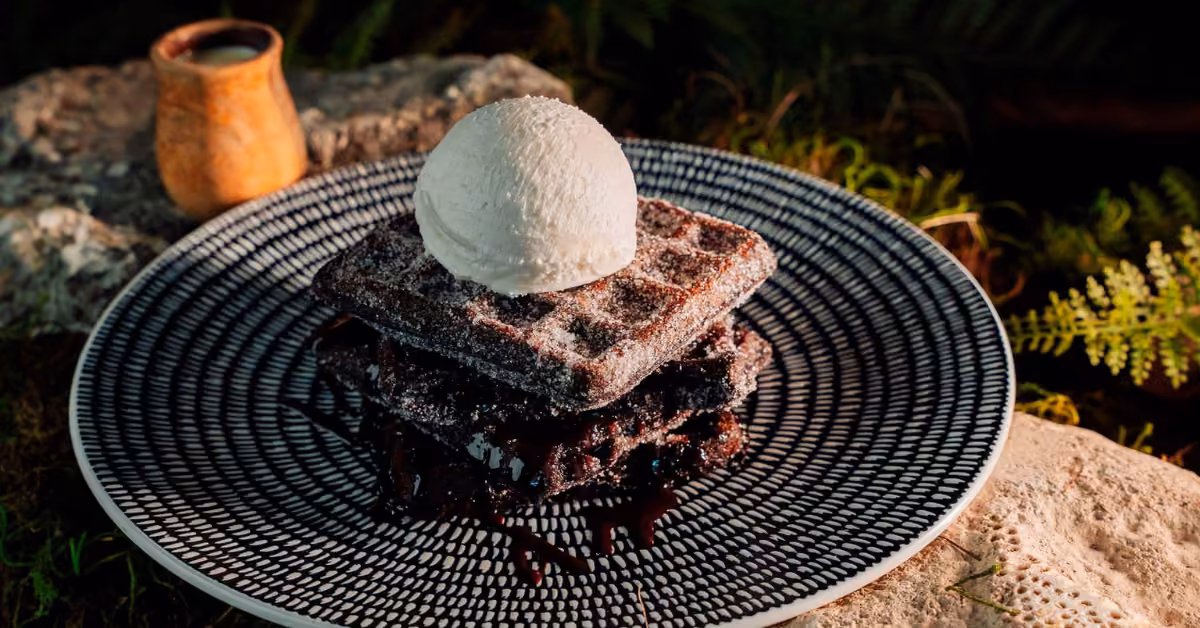 Stacked chocolate waffles with vanilla ice cream on a patterned plate, small cup beside, greenery blurred in the background.