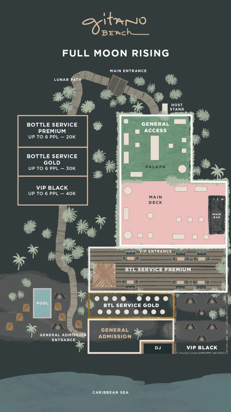 Map of gitano beach tulum event layout with labeled areas: main entrance, lunar gate, general access, main deck, VIP sections, bottle service areas, pool, DJ booth, and Caribbean Sea at the bottom, all surrounded by palm trees.