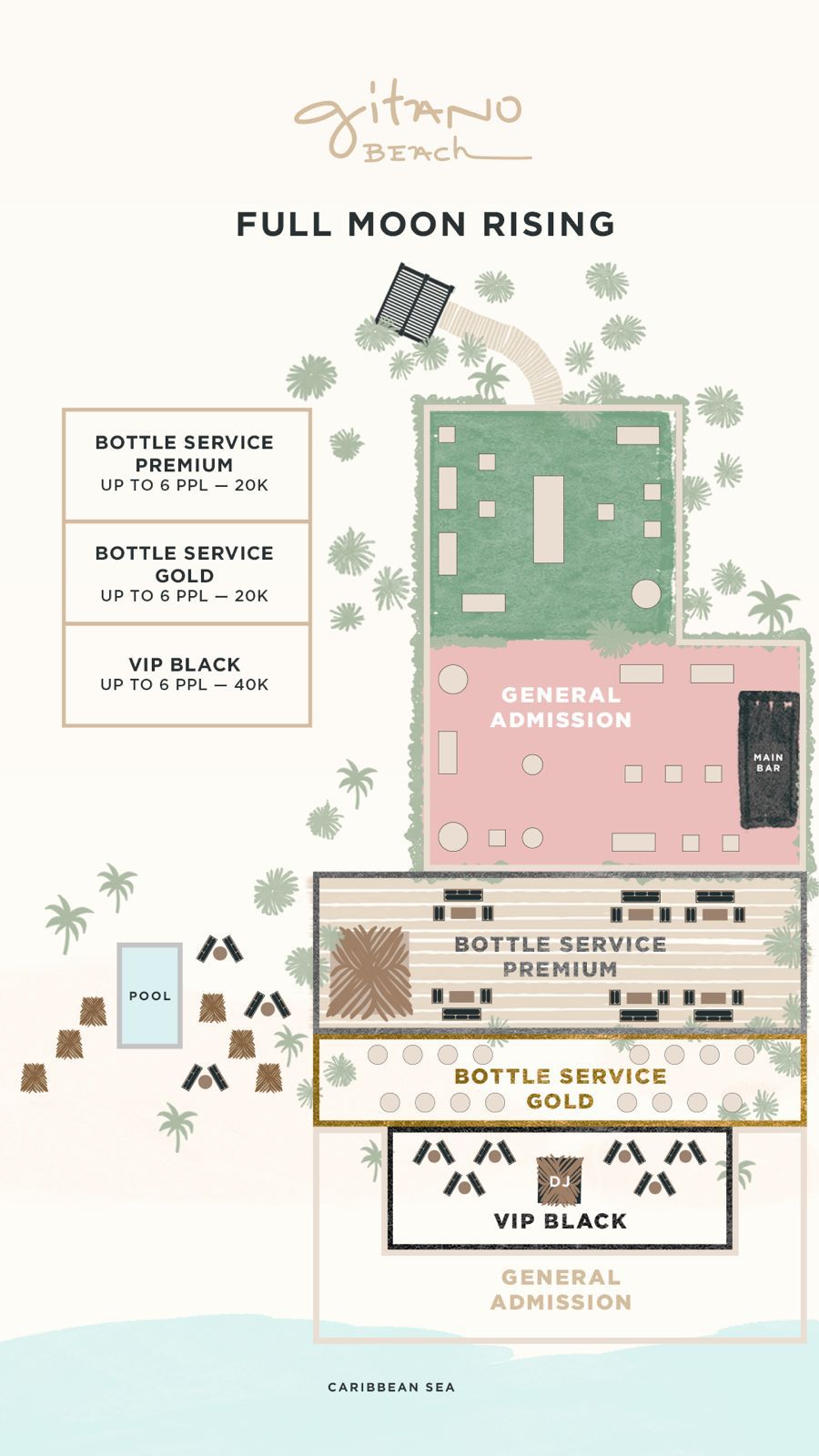 A map of GITANO BEACH TULUM’s “Full Moon Rising” event layout with bottle service premium, VIP black, general admission zones, a pool, palm trees, area pricing, and the Caribbean Sea labeled at the bottom.