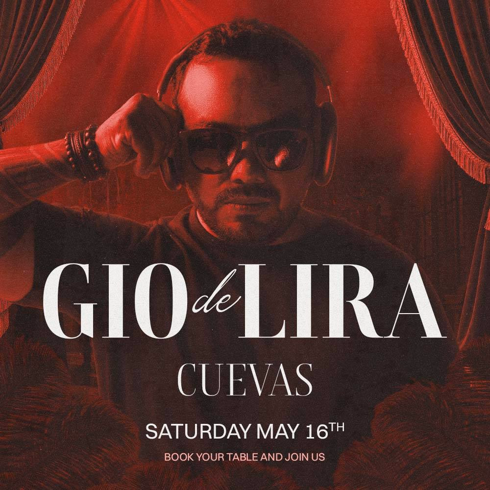 A man in sunglasses and headphones stands in red lighting at Bonbonniere Tulum. Text: “Gio de Lira. May 16th. Join us.”.