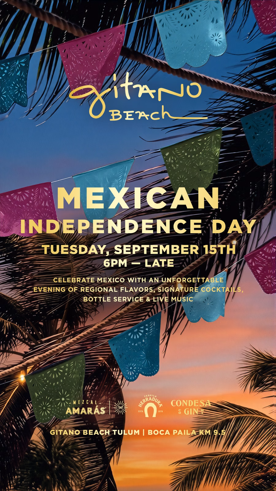 Mexican Independence Day at Gitano Beach Tulum, Tuesday 15 September 2026