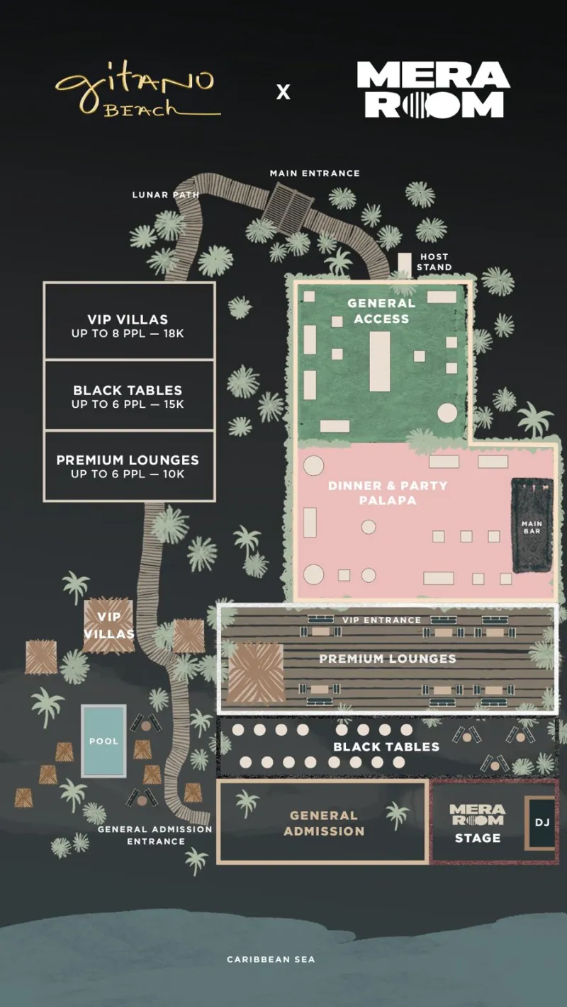 Map of Gitano Beach x Mera Room event layout, inspired by the vibrant spirit of Gitano Jungle Tulum—showing entrances, VIP villas, premium lounges, black tables, general access, dinner/party area, pool, DJ stage, and pathways to the Caribbean Sea.