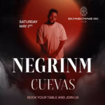 A man stands in front of a red and black background with the BONBONNIERE TULUM logo. Text reads: Saturday May 2nd, NEGRINM CUEVAS. Book your table at BONBONNIERE TULUM and join us.