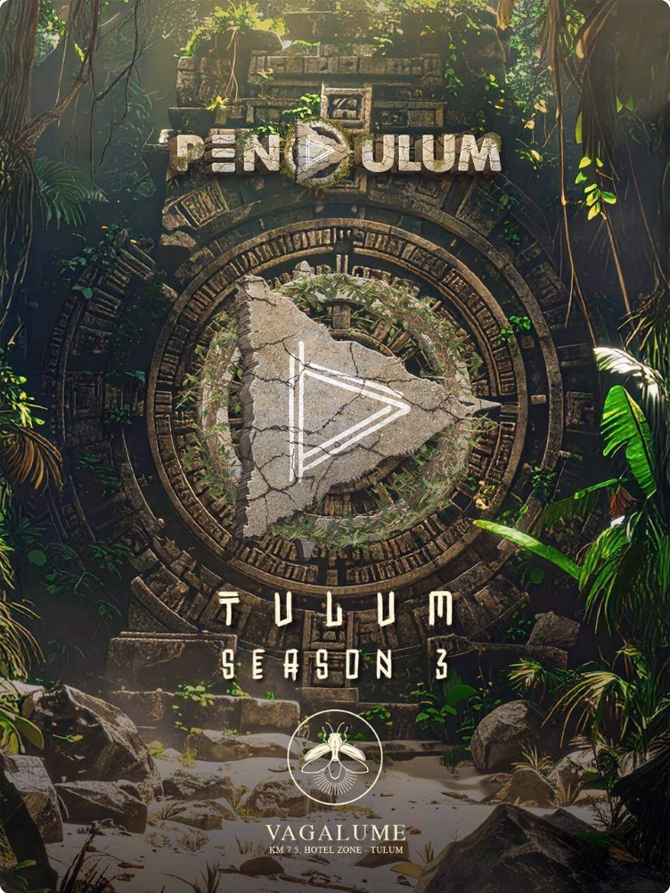 A stone Mayan-style circular portal overgrown with vines and plants, featuring a large triangular play button in the center. Text reads: Pendulum Tulum Season 3. Logo for vagalume tulum at the bottom.