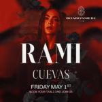 A stylized promotional poster featuring a woman with bold makeup, red tones, and floral graphics, advertising Rami Cuevas at BONBONNIERE TULUM on Friday, May 1st. Book a table and join the vibrant experience.
