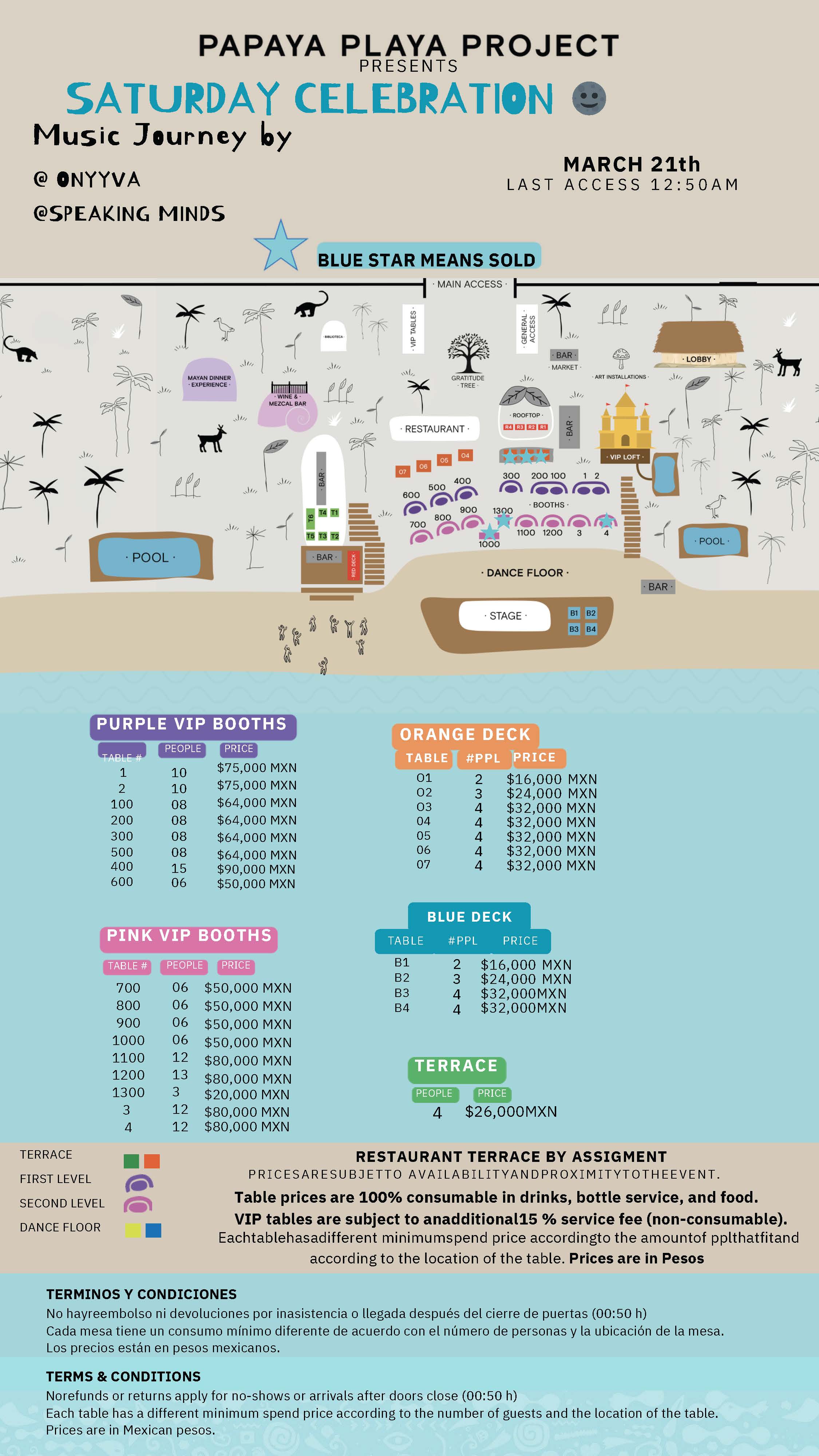 Colorful event poster for a Saturday beach party by PAPAYA PLAYA PROJECT on March 24th, featuring ticket tiers, table prices, venue map, rules, and info. Icons highlight drinks, music, and oceanfront seating options.