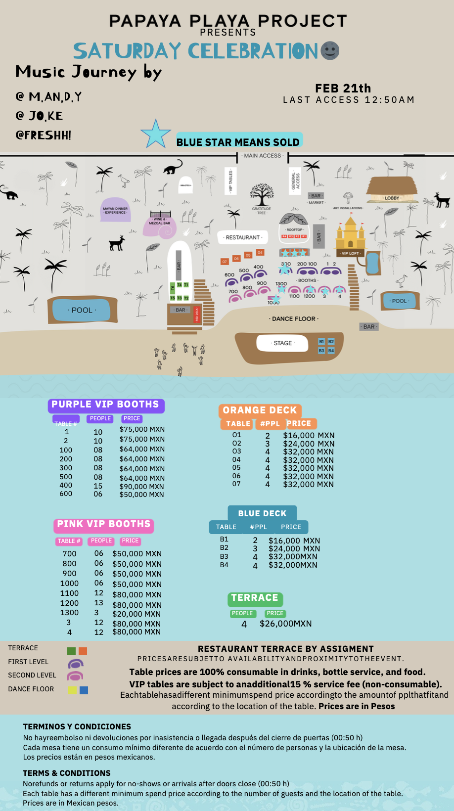 Colorful event flyer for PAPAYA PLAYA PROJECT’s Saturday Celebration, featuring a map of VIP booth locations, prices, packages, and all event details—plus reservation rules and table service terms for entrance.