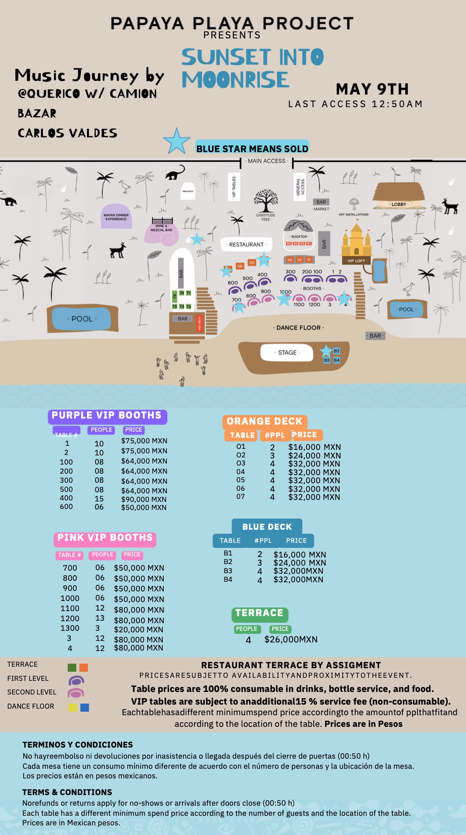 Event map for Sunset Into Moonrise at PAPAYA PLAYA PROJECT TULUM, showing table layouts, VIP booths, dance floor, stage, terrace sections, prices, and booking details for a beach club event on May 9th.