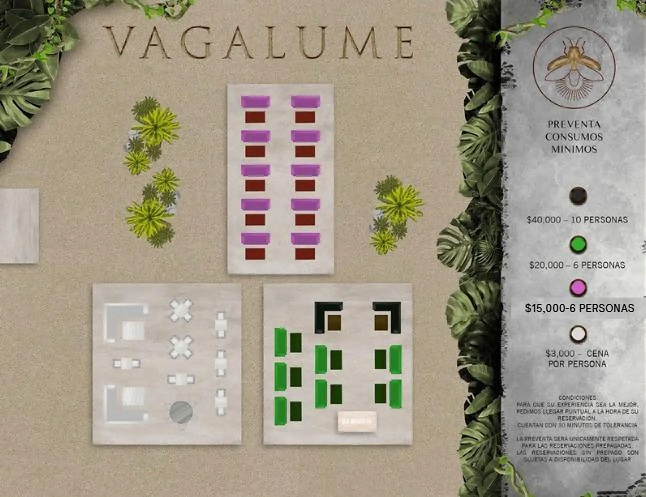 A seating chart for VAGALUME TULUM shows color-coded table arrangements for different group sizes. Pricing and minimum consumption details are listed on the right, with greenery and a bee logo accenting the layout.