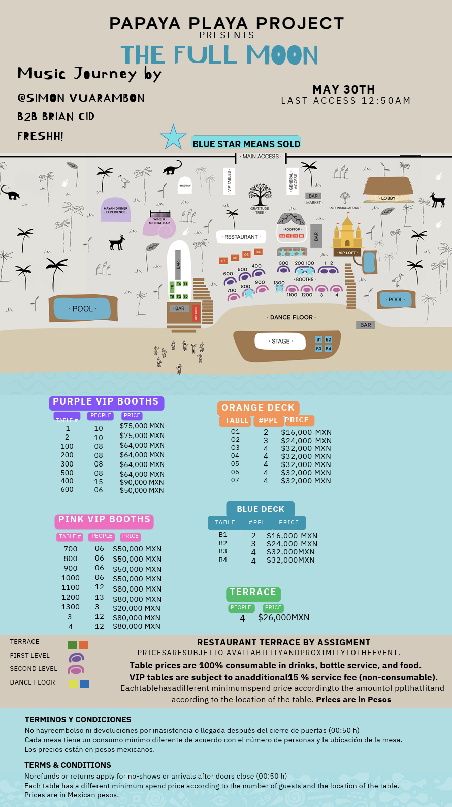 An illustrated event flyer for Papaya Playa Project Tulum: The Full Moon, featuring a beach map with booth locations, table pricing, and event details. Colorful sections highlight purple, orange, and pink VIP booths, terrace, and restaurant areas.