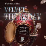 A decorative Fabergé egg opens to reveal event details for Velvet Thursday on April 30th at BONBONNIERE TULUM. Text notes to book a table, suggests elevated attire, and mentions it’s hosted by Black Zama. Gems and sparkles surround the egg.