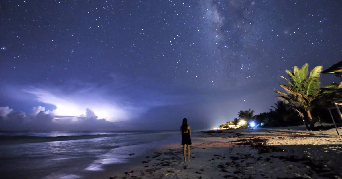 At night, a person admires the starry sky on a beach as palm trees sway and lightning briefly lights up clouds over the ocean.