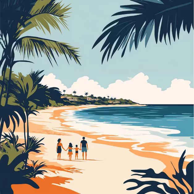 A family of four walks on a sandy tropical beach in Tulum with palm trees, ocean waves, distant houses, and a cloudy sky.