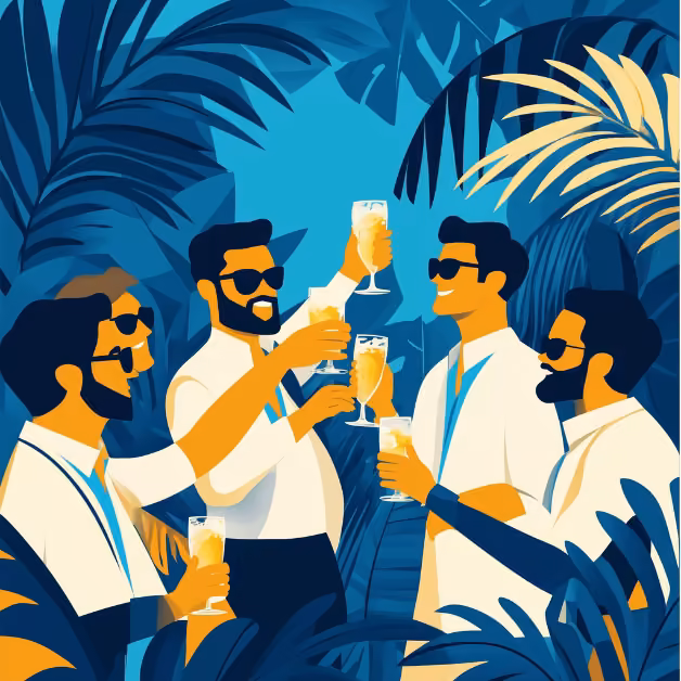 Five men in white shirts and sunglasses toast drinks, smiling together outdoors among vibrant blue and yellow tropical leaves.