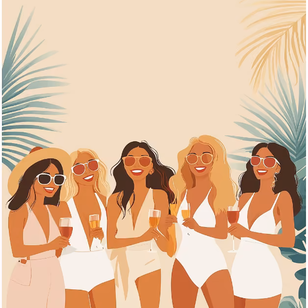 Five women in white swimsuits and sunglasses smile together with champagne glasses, surrounded by tropical leaves on vacation.