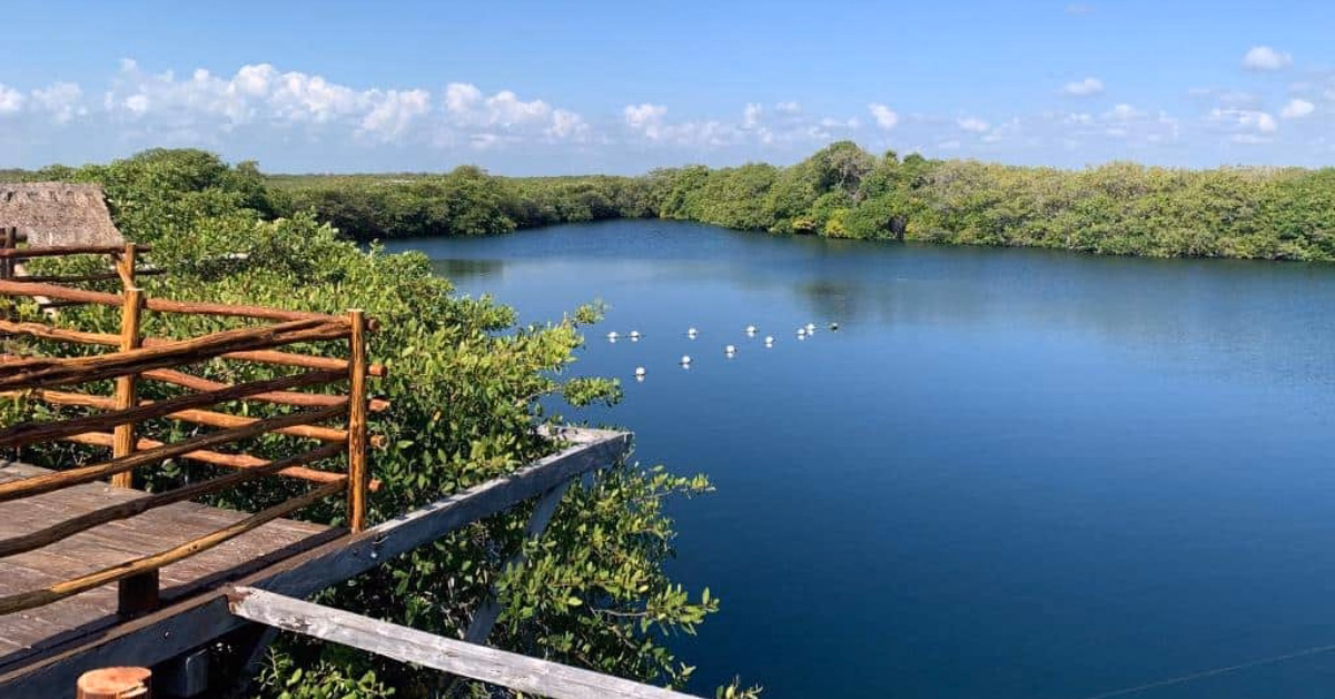 A wooden deck overlooks a calm blue lake with lush greenery, a bright sky, and white buoys floating near the shore.