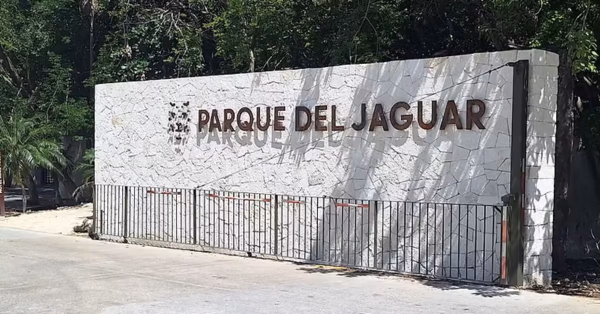 A stone wall sign reading PARQUE DEL JAGUAR stands by trees and a small fence, marking the entrance to Jaguar Park Tulum.