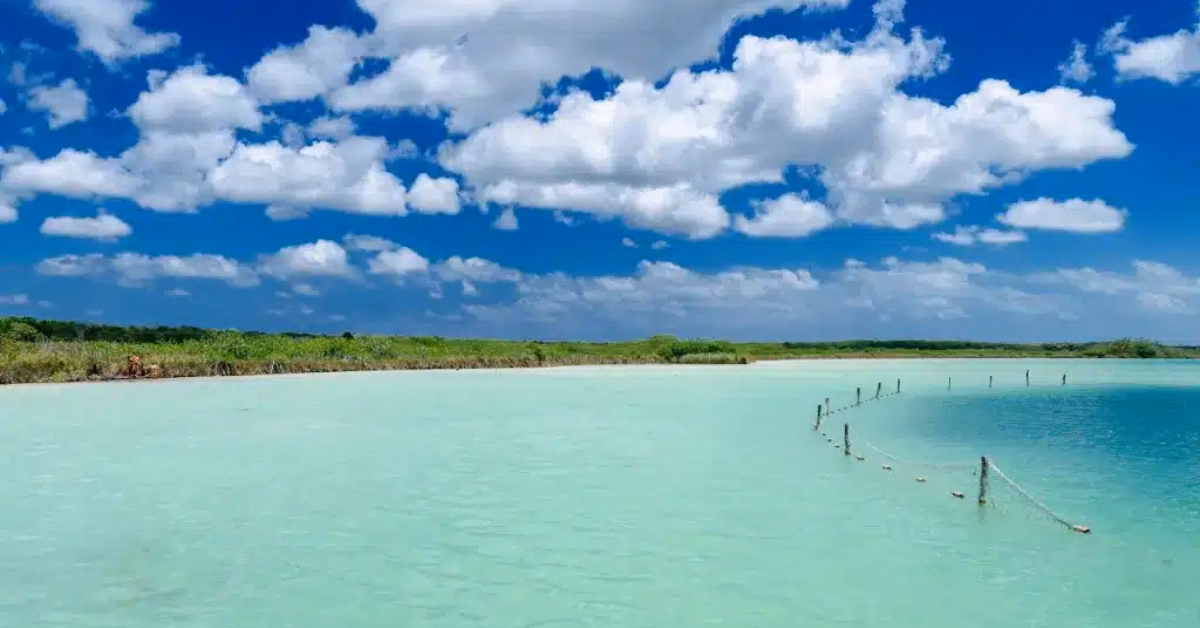 Turquoise lagoon with clear, shallow water, curved wooden posts, lush greenery behind, and a blue sky with white clouds.