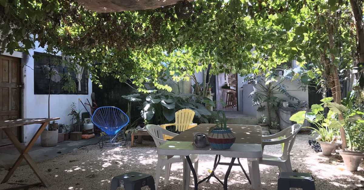 A shaded garden patio with leafy vines overhead, plastic chairs around a table, potted plants, and a blue woven chair—this tranquil spot evokes the lush ambiance of Vegan Vegetarian Restaurants in Tulum, with sunlight filtering onto a gravel floor.