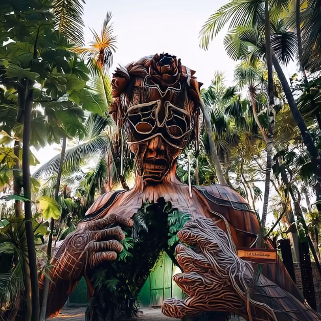 A large wooden human sculpture with tribal carvings and leafy details stands among lush green palm trees and foliage in Tulum.