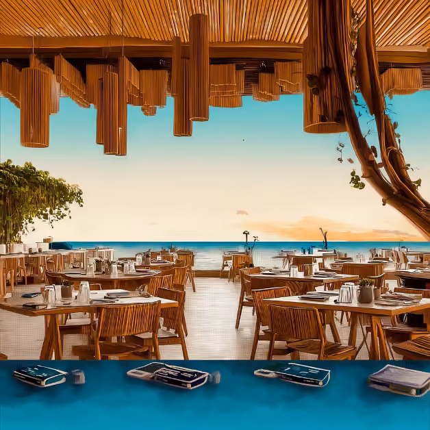 Open-air restaurant with wooden tables and ocean view under blue sky; smartphones rest on a blue table in the foreground.