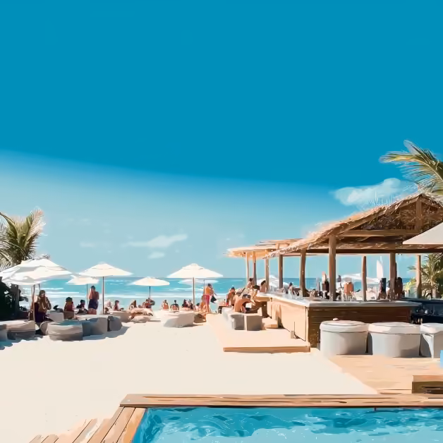 People relax under white umbrellas beside a wooden bar, palm trees, and a clear pool in a sunny tropical beach setting.