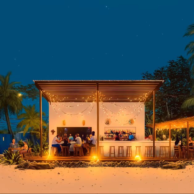 A lively outdoor beach bar at night, lit by string lights, with people relaxing under palm trees and a clear, starry sky.