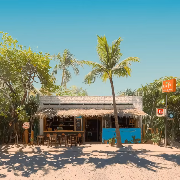 A small tropical café with a thatched roof sits under palm trees, outdoor tables, and blue skies. Café signs add charm.