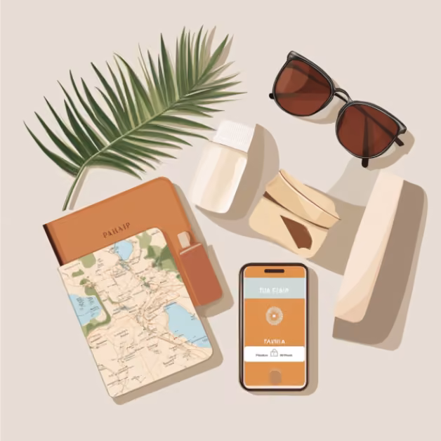 Travel essentials—sunglasses, palm leaf, wallet, pill bottle, bandages, map, and phone with Tulum guide—on a plain background.