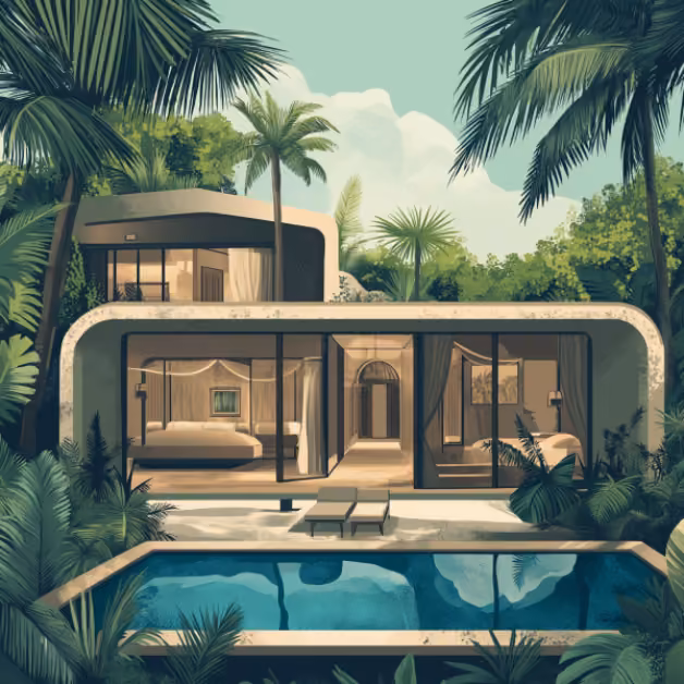 Modern two-story villa with glass windows, tropical plants, pool, and lounge chairs creates a serene retreat for relaxation.