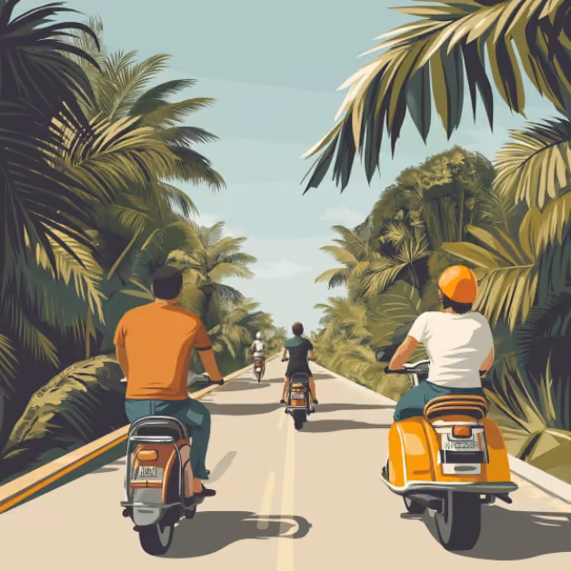 Four people ride scooters down a palm-lined tropical road beneath a clear sky, enjoying a relaxed, adventurous group outing.