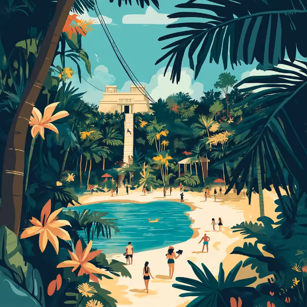 People swim and relax on a lush tropical beach, palm trees lining the sand, with a zip-line tower above the jungle behind.