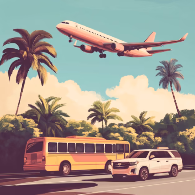 A pink airplane soars above palm trees as a yellow bus and white SUV drive below under a partly cloudy sky.