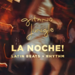 Blurred image of people dancing, overlaid with stylized text: Gitano Jungle, LA NOCHE, and LATIN BEATS + RHYTHM in bold fonts, evoking a vibrant party atmosphere.
