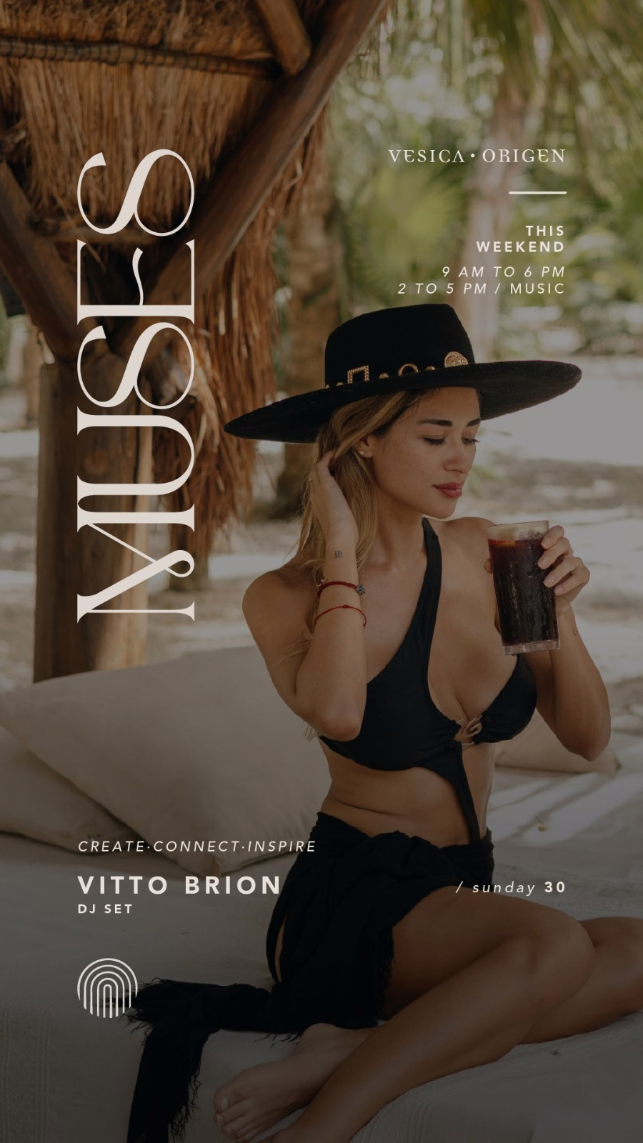 Woman in a black bikini sits at a beach table, adjusting her sunhat. Text promotes DJ Vitto Brion events and venues vertically.